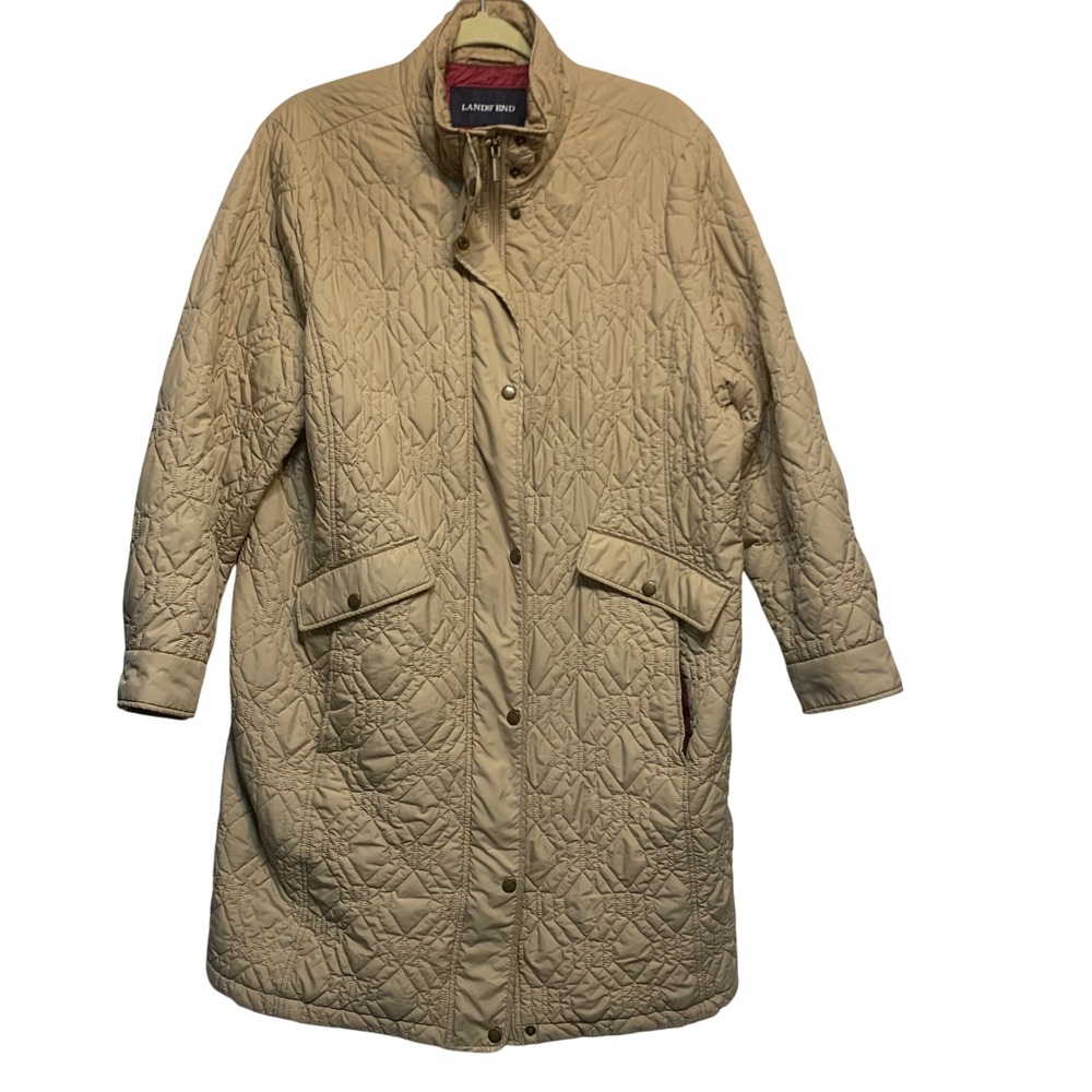 Lands End Quilted Coat 1X Tan Beige Primaloft Insulated Long Jacket Timeless
